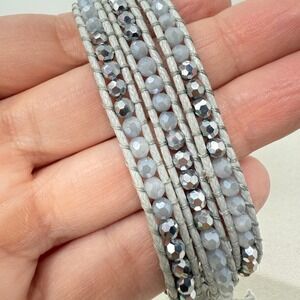 Katie Soleil Wrap Bracelet Handmade Gray Wrap Crystal Beads Leather Cord